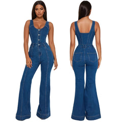 Wide Leg Denim Strap Jumpsuit