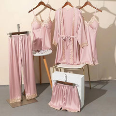 Satin Lace Five Piece Pajamas