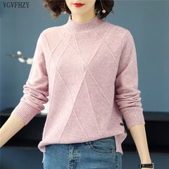Pink Turtleneck Winter Knit Pullover