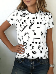 Women T-Shirt Music Note Print Short Sleeve Crew Neck Casual Loose Fit Casual Top Spring Summer Daily Streetwear Versatile Top