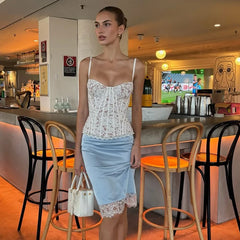 2 Piece Skirts Set Lace Corset Top and Satin Midi Skirt Women Sexy Bustier Backless Crop Top Bodycon Slip Skirts Matching Outfi