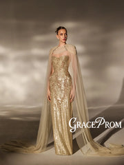 Golden Beaded Evening Dress With Cape Sleeve Glamorous Strapless Long Wedding Party Gown Customized Elegant Red Carpet Gowns