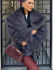 HH 2024 Women 's Vintage Soild Faux Fur Coat Turn-down Collar Long Sleeve Warm Plush Wool Coats Lady Winter Autumn Outwear