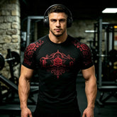 Workout Fitness Men Short Sleeve T‑Shirt, Dark Gothic Red Rose Vintage Floral Art Print, Gym Training Daily Street Fashion Tops