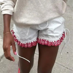 Women's Embroidered Shorts Summer New Elastic Waist With Pockets Lace-up Shorts Fashion Casual Female Shorts