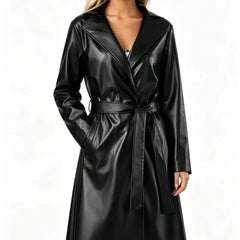 Fashion Turn Down Collar Pu Coat Work Street Wear Tight Waist Jacket Outerwear Women Mid Length Coats Faux Leather Jackets