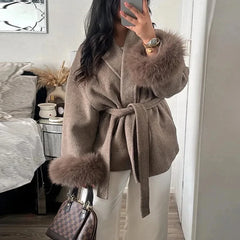 Elegant Women's Lace Up Woolen Coats Solid Full Sleeve Turn-down Collar Loose Lady Coats 2025 Autumn Winter Female Streetwear