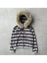 Hoodie with leather collar suitable both men and women striped printed long sleeved loose hooded sports hoodie punk Y2K daily