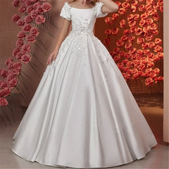 Elegant Flower Girl Dresses for Wedding Satin Beaded Floral Floor Length Girl Kids Birthday Party First Holy Communion Gown