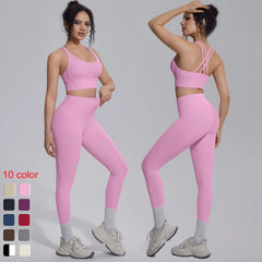 New Yoga Set for Woman Summer Gym Sports Running Bra Top Breathable Peach Buttocks Women Leggings Solid Color Yoga Set