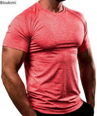 Summer Gym T-shirts Men's Solid Fitness Clothing O-neck Short Sleeve Tops Breathable Slim Bodybuilding Workout Muscle Tees Male