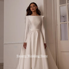 Modern Arabian Wedding Dress for Woman Customized Boat Neck Long Sleeves Sweep Train Open Back A Line Bride Bridal Gown