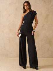 Slim Fit Stylish Jumpsuit Slanted Shoulder Single Sleeve Waist Cinched Wide Leg Fashionable Casual Women's Clothing