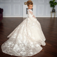Elegant Customized Flower Girl Dress For Wedding Lace Full Sleeves Floor Lenght Kids Birthday Party First Communion Ball Gowns