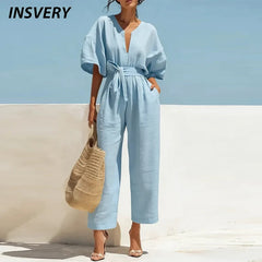 Summer Elegant Jumpsuit V Neck Lace Up High Waist Half Sleeve Long Pants Jumpsuits For Women Casual Loose Romper Playsuits