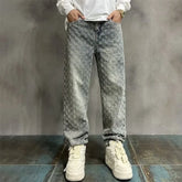 Jacquard All Over High Street Jeans Mens 2024 New Straight Lift Pattern Loose Wide Leg Jeans Casual Boyfriend Jeans Pants Tide