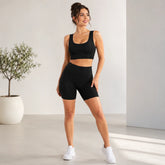 Seamless Ribbed Yoga Set 2 Piece Workout Outfit, Crop Tank Top & High Waist Biker Shorts Gym Suit for Fitness, Running, Pilates