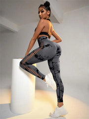 Women's Sporty Tie-Dyed Side-Cut Yoga Pants, Fashionable High-Waisted Hip-Lifting Sports Pants, Seamless Stretch Tight Pants