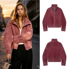 Women's Jacket 2026 Autumn New Fashion Versatile Stand Collar Short Zipper Polyester Long Sleeve Biker Jacket
