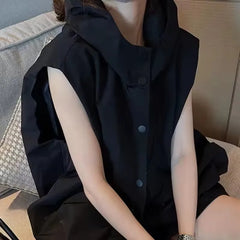 Women Hooded Vests Coats Single Breasted Loose Casual Tops Spring Autumn Korean Simple All-match Breathable Waistcoat