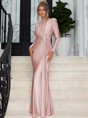 Women's Elegant Wedding Party Dress Female Clothing O-neck Long Sleeve Ruched High Waist Bodycon Long Maxi Evening Prom Dresses