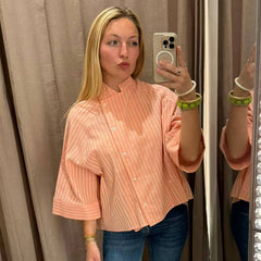 Women's Pink Striped Shirts Summer Asymmetric Button Mid Sleeve Loose Fit Shirts Casual Office Look Vintage Elegant Female Tops