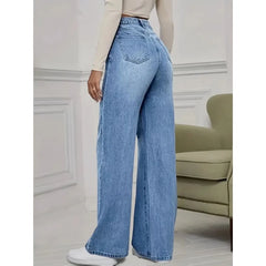 Spring and Autumn New Sky Blue Jeans for Women, Water Washed, Loose, Casual, Wide Legs, Comfortable, Vintage Pants