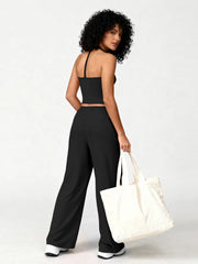 Women 2 Piece Yoga Outfit Ribbed Halter Crop Tank Top Drawstring Wide Leg Pants Set Casual Workout Gym Loungewear Tracksuit