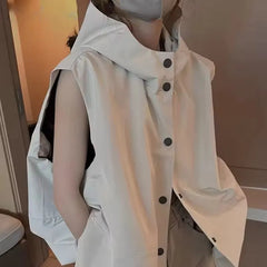 Women Hooded Vests Coats Single Breasted Loose Casual Tops Spring Autumn Korean Simple All-match Breathable Waistcoat
