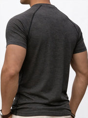 Men's fitness sports T-shirt for training, showing muscles, loose fit, suitable for summer fashion and casual running.