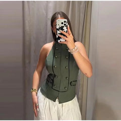 Women's Top 2026 Summer Elegant Fashion Silky Vacation Halter Neck Backless Sexy Unique Army Green Beach Style Party Women's Top