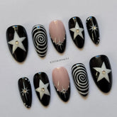 Black Swirl Star Press Nails