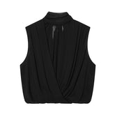 Qaoerde Black Pleated Ribbon Top