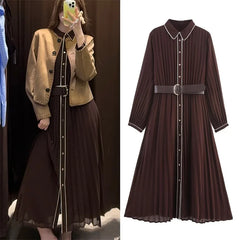 Elegant Pleated Belted Midi Dress
