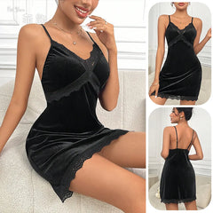 Women's Velvet Nightdress Sexy Deep V Nightgown Female Lace Patchwork Suspender Skirt Backless Adjustable shoulder strap Dress