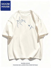 Men's Oversized T-shirts Fashion White Cotton T Shirt for Men Casual Summer Wear Bird Print Tee Shirts Men Clothing Lightweight