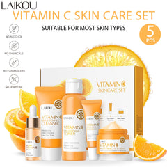 Vitamin C Skincare Set 5pcs(Cleanser-Toner-Serum-Eye Serum-Face Cream) + Natural Antioxidant Ingredients, Nourish Even Skin Tone