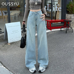 High Waisted Wide Leg Jeans Women Cotton Retro Denim Y2k Loose Fashion Design Sense Pant Streetwear Baggy Straight Trouser Woman