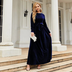 Women's Elegant A-Line Velvet Dress for Wedding Guest Prom Party Wedding Party, Long Sleeve Round Neck Belted Full Skirt