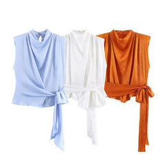 Women's Top 2026 Spring New Style Orange Sleeveless Satin Texture Long Ribbon Top Elegant and Stylish Unique Fashion Focus