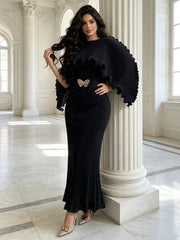 Elegant Pleated Long Dress with Butterfly Belt Women Cape Sleeve Wave Edge Ruffle Evening Party Dress