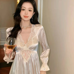 Female Long Nightdress Retro French Court Style Princess Nightgown Sleepwear Spring Summer Loose Rayon Home Clothes Lounge Wear