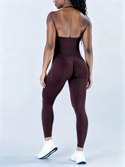 Women Yoga Set Seamless Sports Halter Neck Top Waist Trainer Leggings Suit Squat Proof Butt Lifting Workout Fitness Gym Clothing