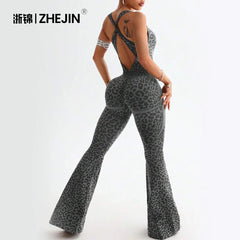 Backless Leopard Print Yoga Jumpsuit
