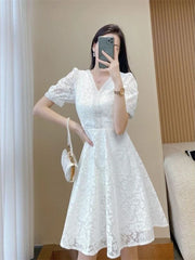 Elegant White Lace Puff Dress