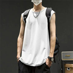 Summer Men's New Solid Color Washed Tank Tops Muscle Loose Gym Sleeveless Workout T Shirts Running Beach Loose Cutoff Tees