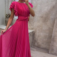Wedding Guest Dress Elegant Party Long A Line Cap Sleeve Dresses Evening Pleated Off Shoulder Maxi Dress Fuchsia Pink Solid