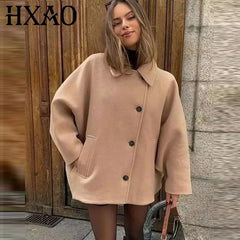 HXAO Woman Winter Coats Faux Wool Coats And Mixtures Oversized Long Coat Women Autumn Long Sleeve Solid Coats Casual Warm Parkas