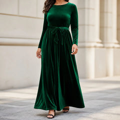 Women's Elegant A-Line Velvet Dress for Wedding Guest Prom Party Wedding Party, Long Sleeve Round Neck Belted Full Skirt