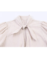 HH Women Elegant Striped Casual Spring Shirt Puff Sleeves Bow Decoration Blouse Female Loose Versatile Single-breasted Blouse